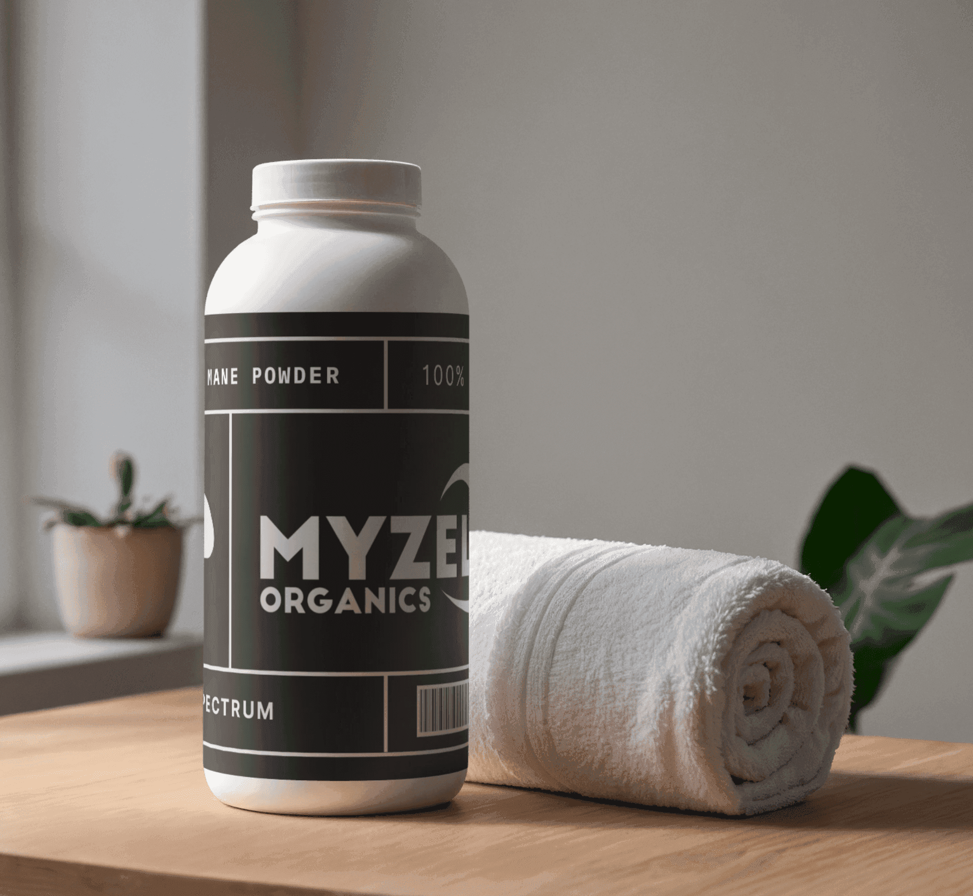 Myzel Organics full-spectrum organic mushroom powder in branded packaging